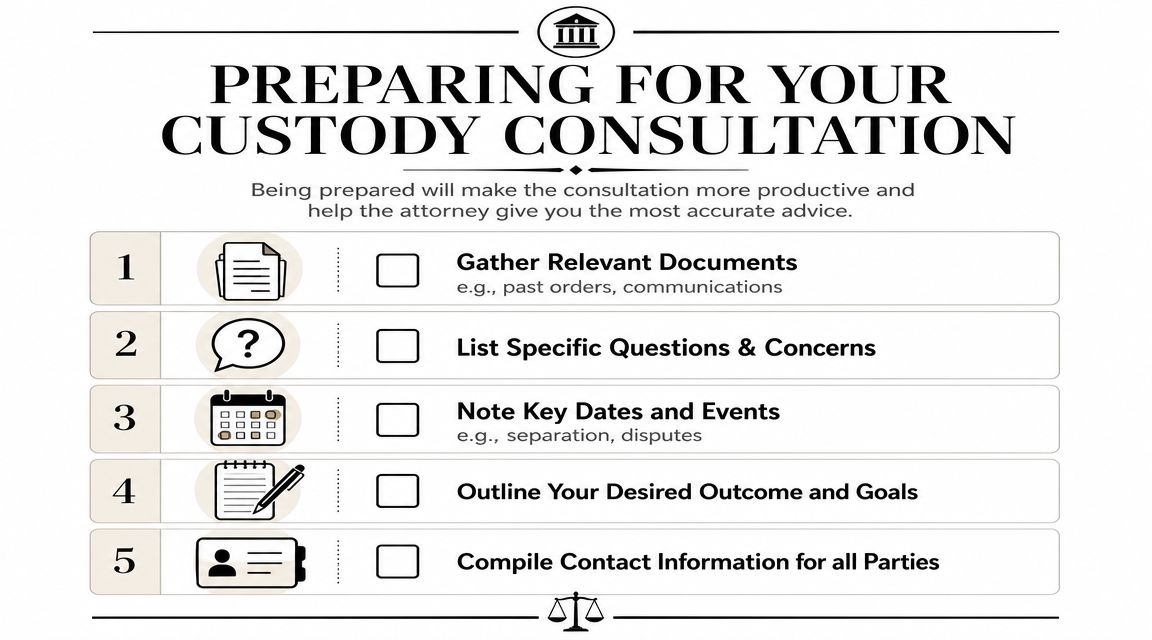 A checklist infographic titled Preparing for Your Custody Consultation with five steps for legal meeting preparation.
