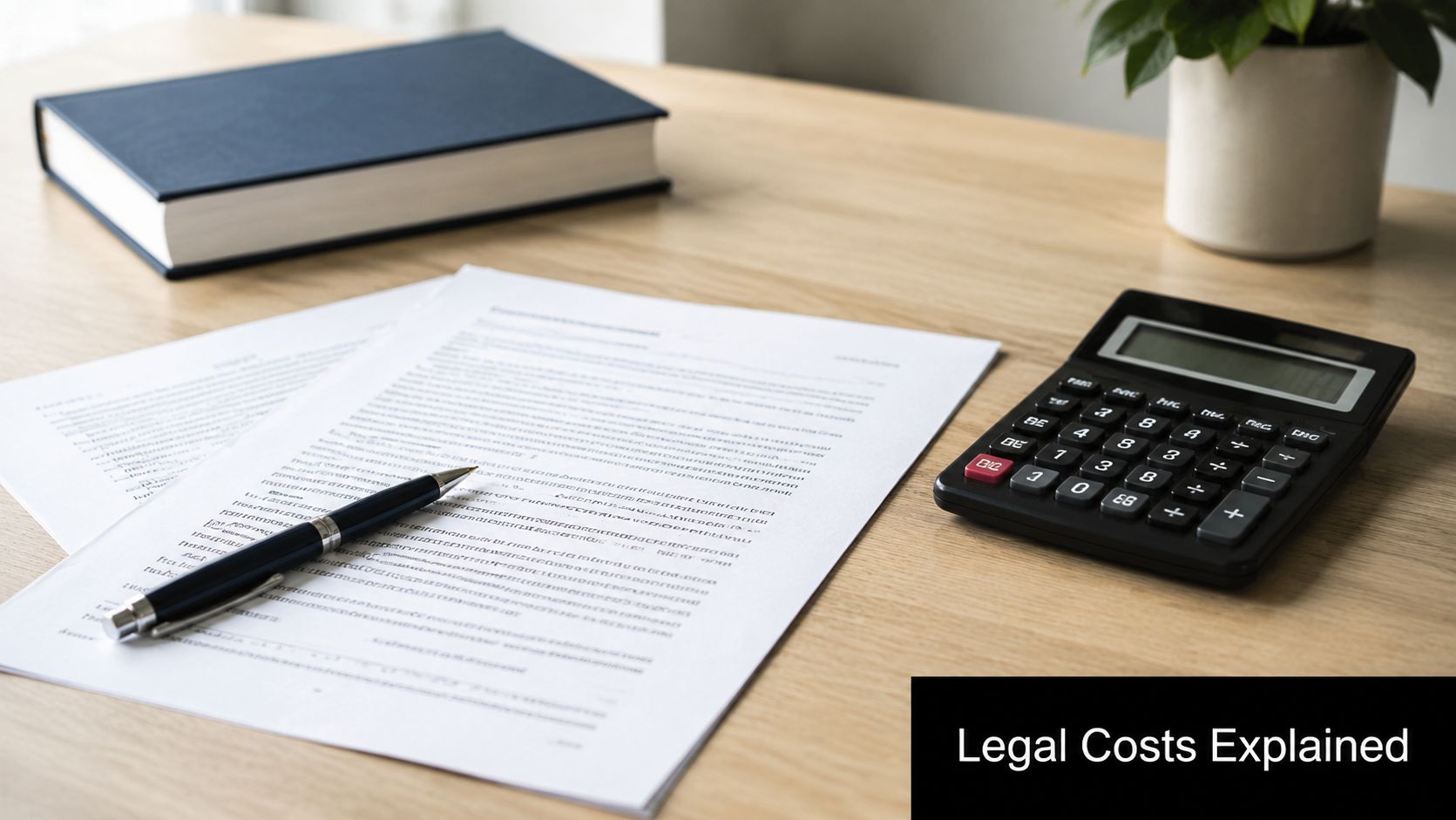 A workspace with a document, a pen, and a calculator on a wooden table, Legal Costs Explained.