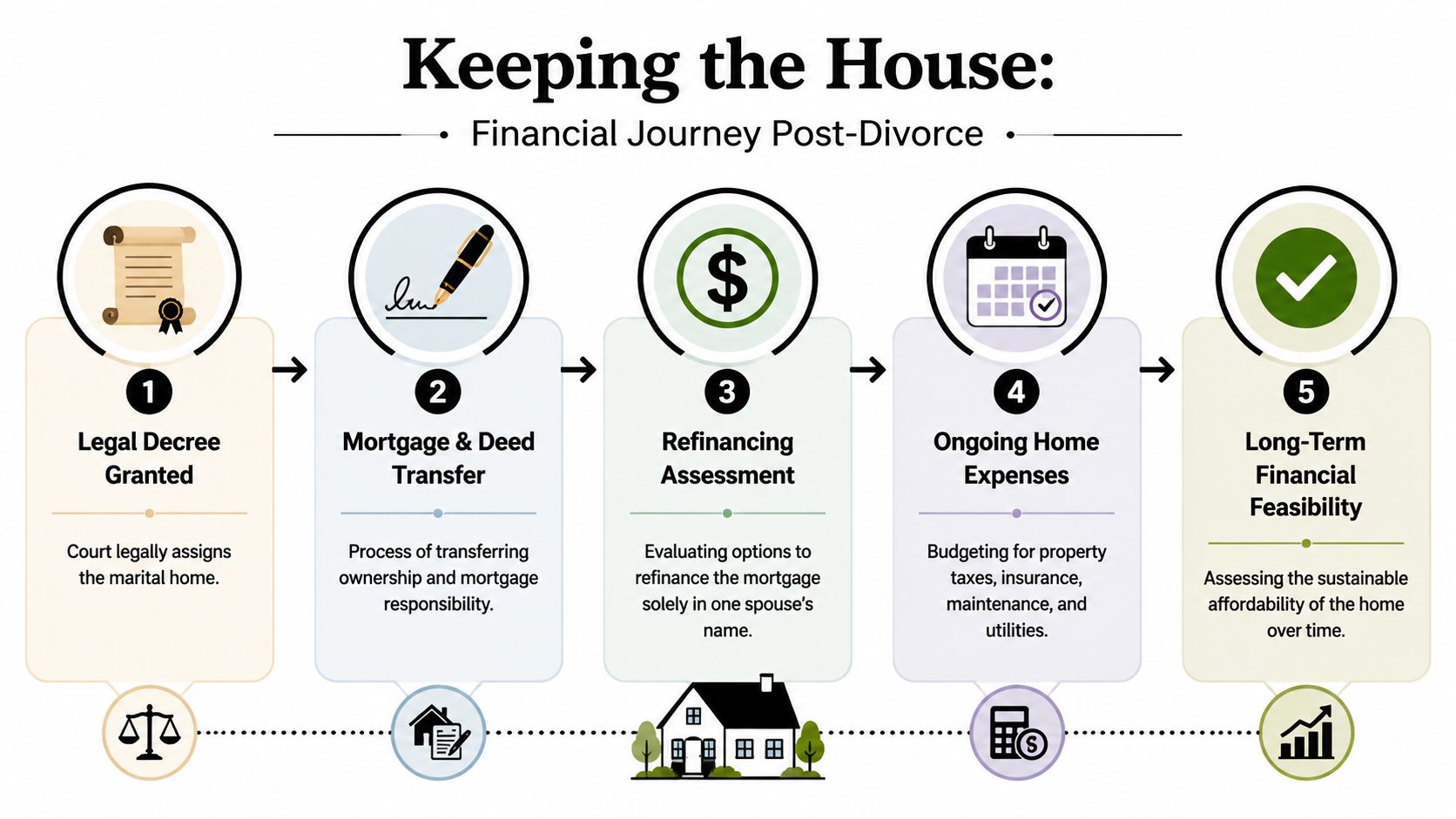 A five-step infographic showing the financial process of keeping a marital home after a divorce.