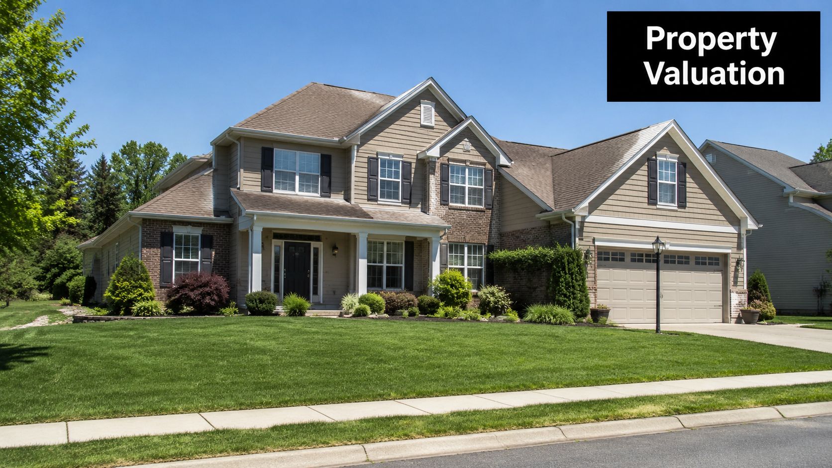 A large two-story suburban house with a manicured green lawn and a clear blue sky background.
