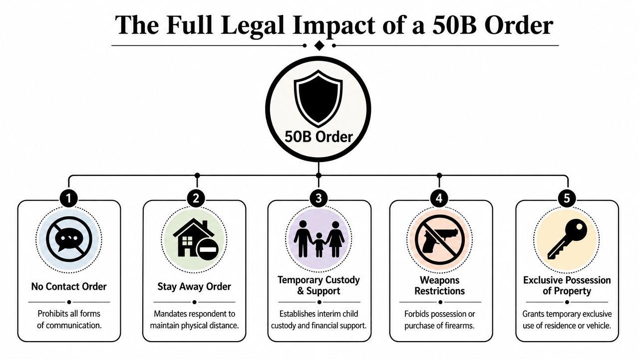 An infographic detailing the five legal impacts and restrictions associated with a 50B domestic violence order.