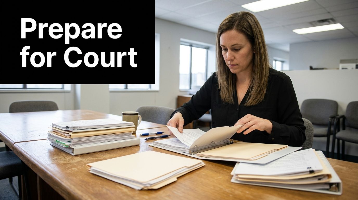A professional woman in a black shirt organizes legal documents and folders at a wooden table.