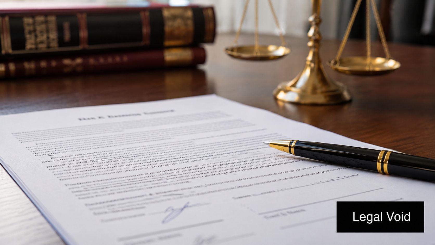 A legal contract with a pen and scales of justice on a mahogany desk for court.