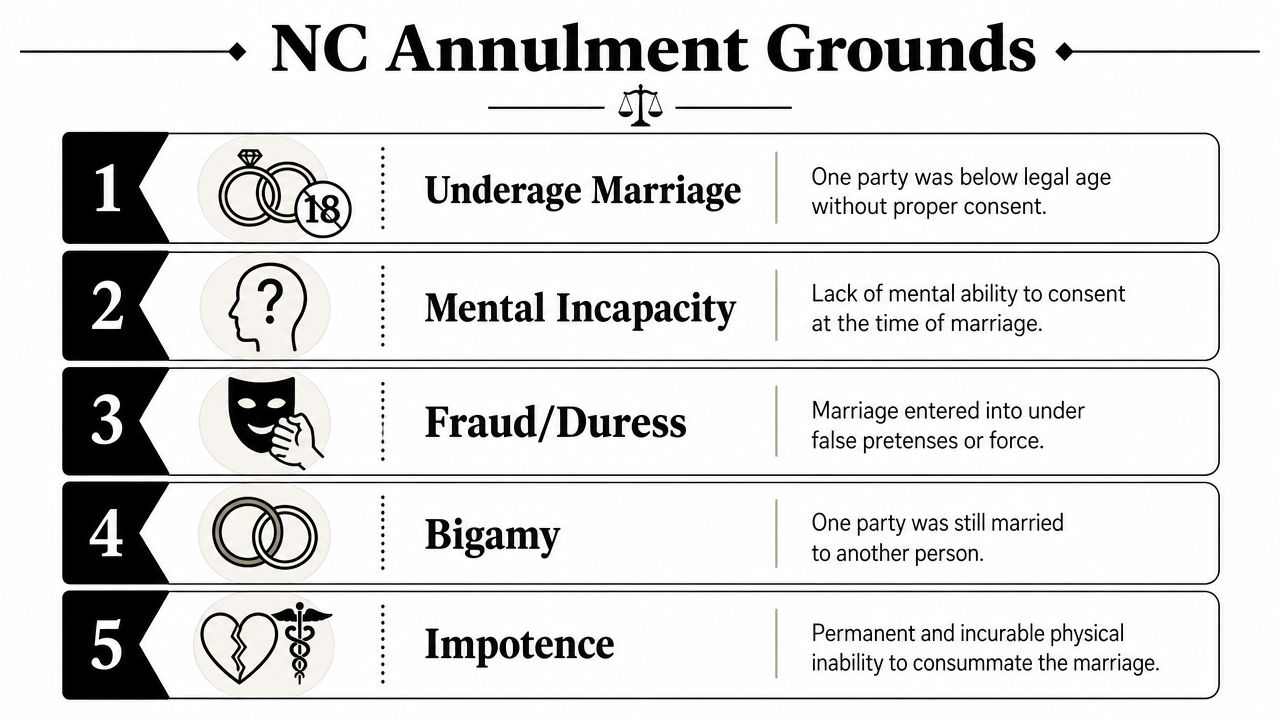 An infographic showing five legal grounds for marriage annulment in North Carolina, including age and capacity.
