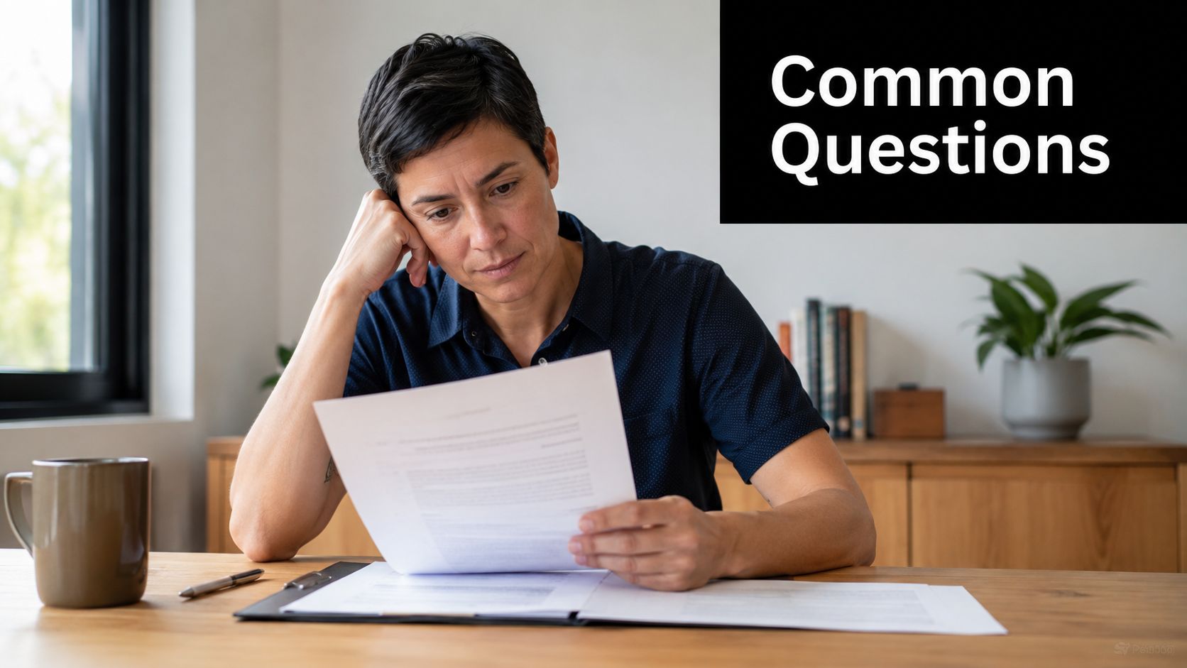 A focused person sitting at a desk reviewing legal paperwork while resting their head on their hand.