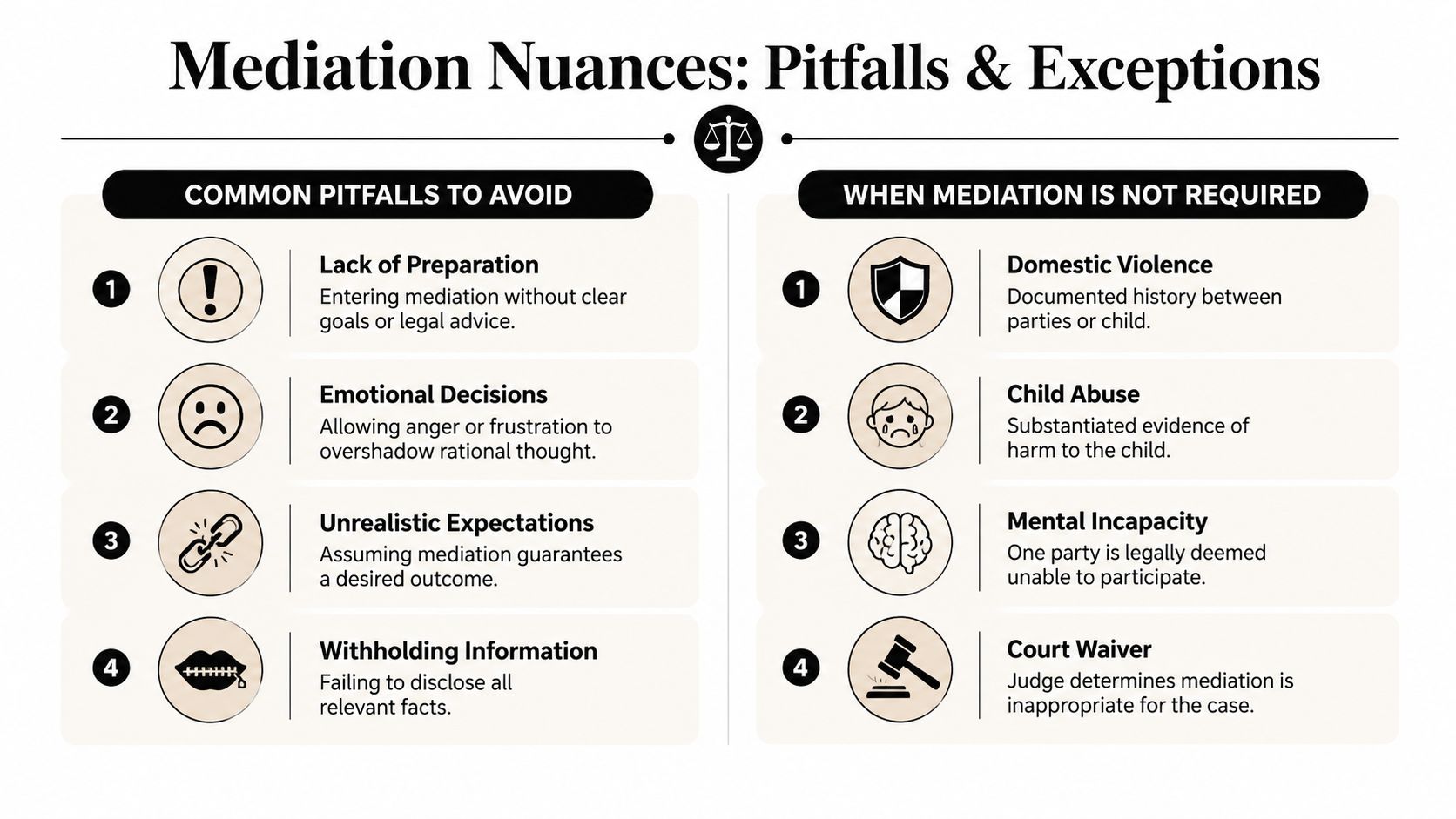 An infographic titled Mediation Nuances listing common pitfalls to avoid and exceptions where mediation is not required.