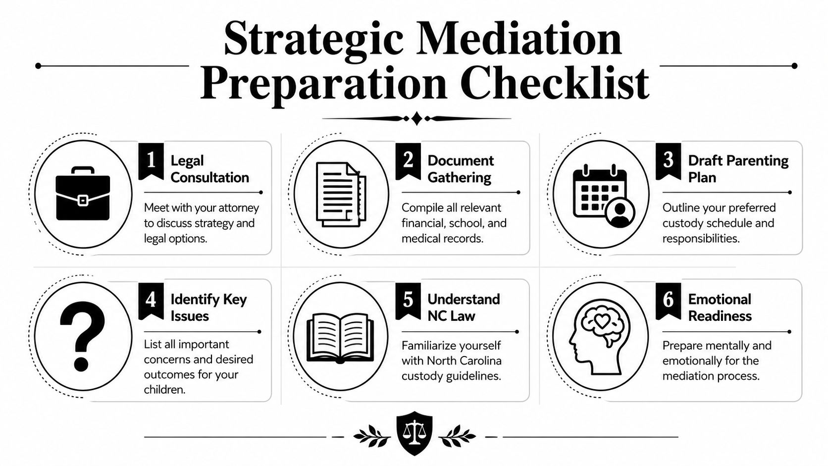 A six-step checklist for preparing for child custody mediation, outlining legal, financial, and emotional preparation strategies.