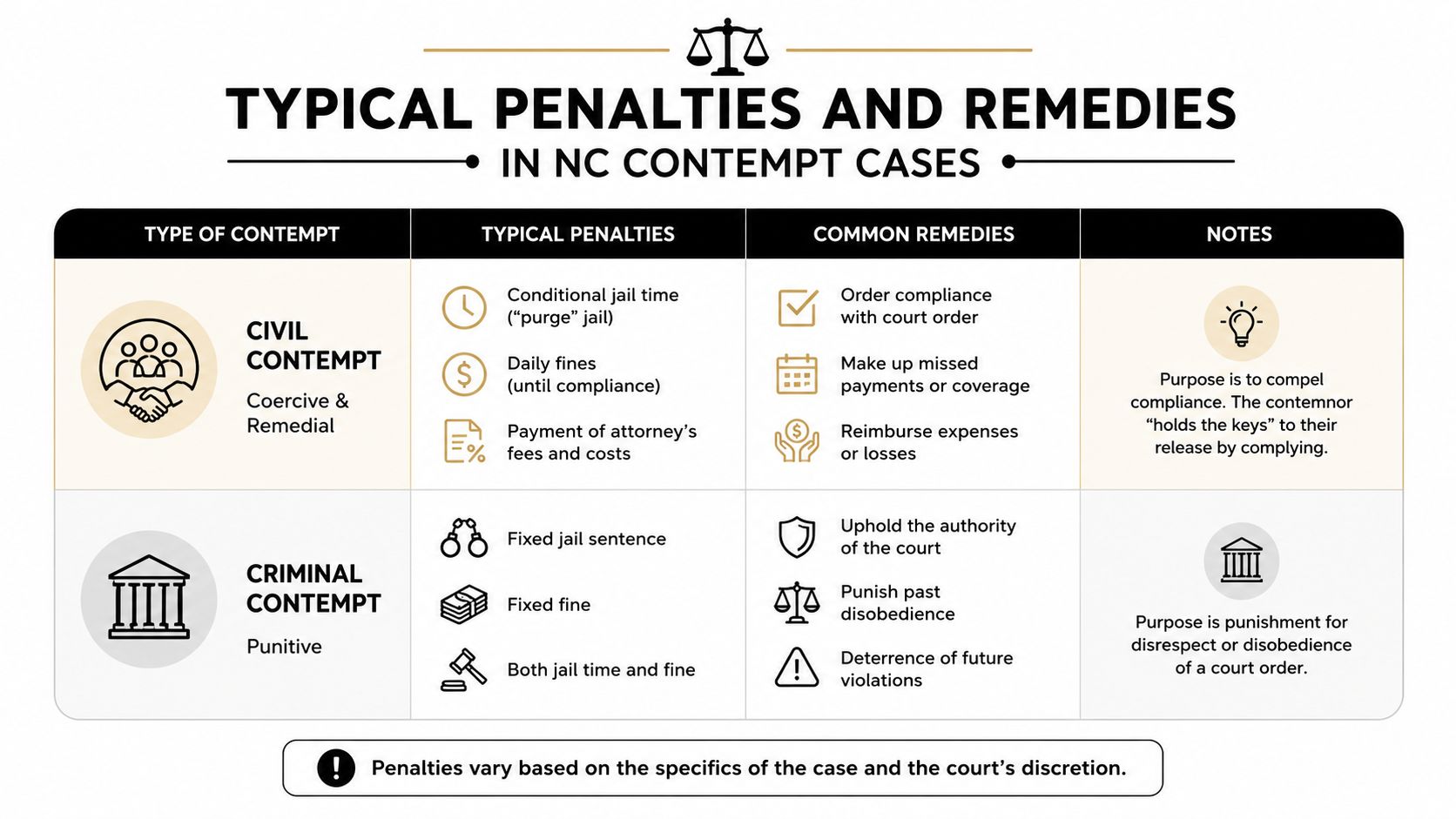 A chart detailing the typical penalties and remedies for civil versus criminal contempt cases in North Carolina law.