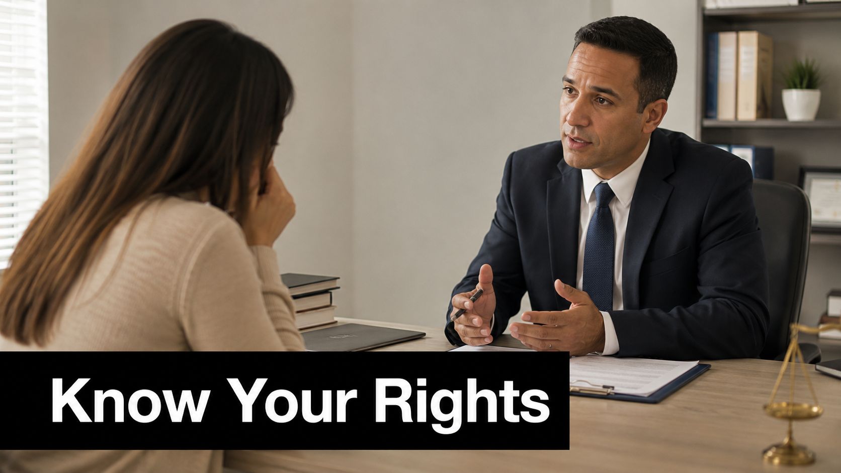 A distressed woman sits across a desk talking to a lawyer who is explaining legal rights.