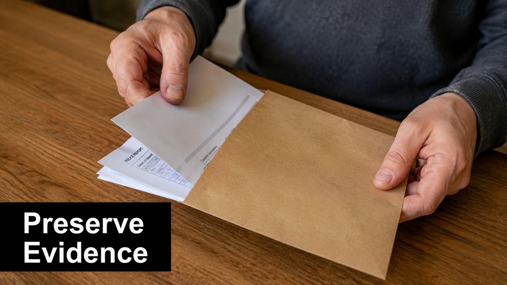 A person placing a police report document into a brown envelope on a wooden desk.