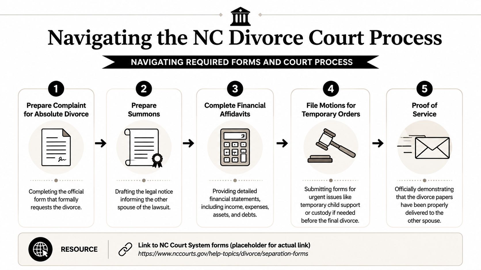 A flowchart infographic showing the five steps of the North Carolina divorce court filing process.