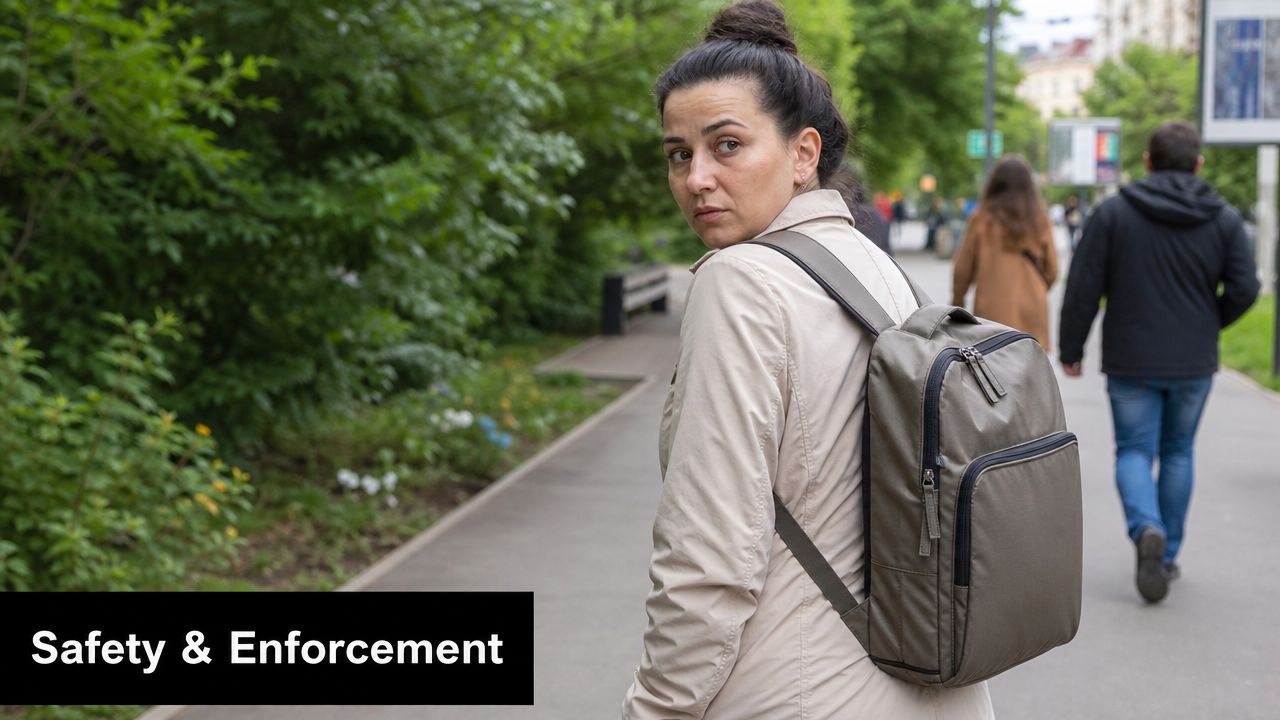 A concerned woman walking on a city path, looking back over her shoulder with an anxious expression.