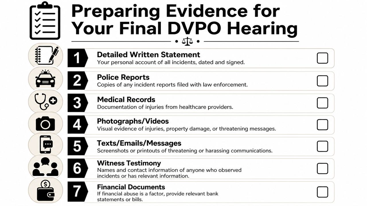A checklist guide for preparing evidence for a final domestic violence protective order hearing, detailing required documents.