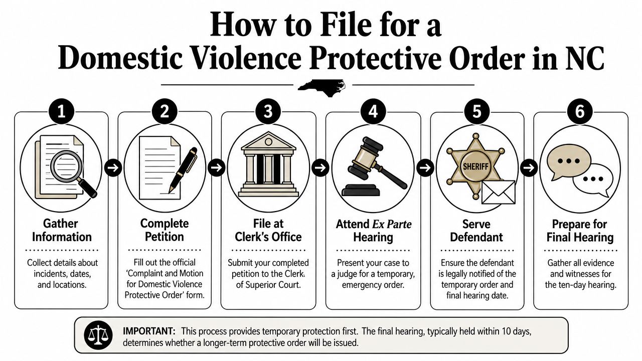A six-step visual guide outlining the legal process for obtaining a domestic violence protective order in North Carolina.
