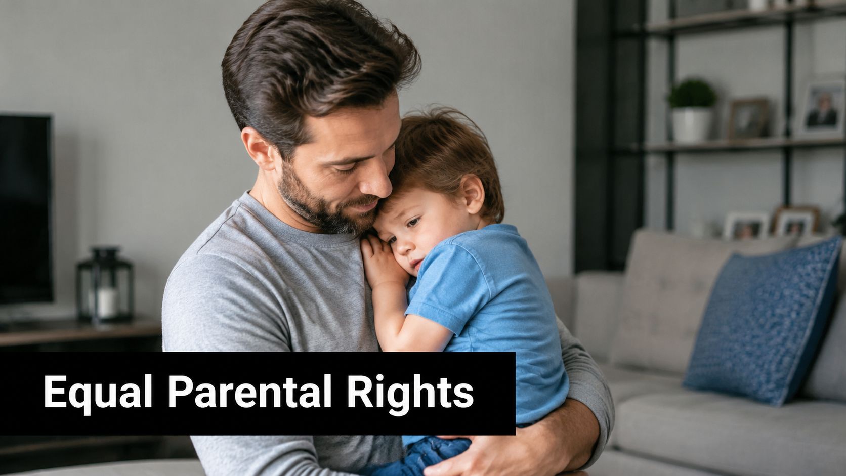 A loving father holding his young child in an embrace, symbolizing the concept of equal parental rights.