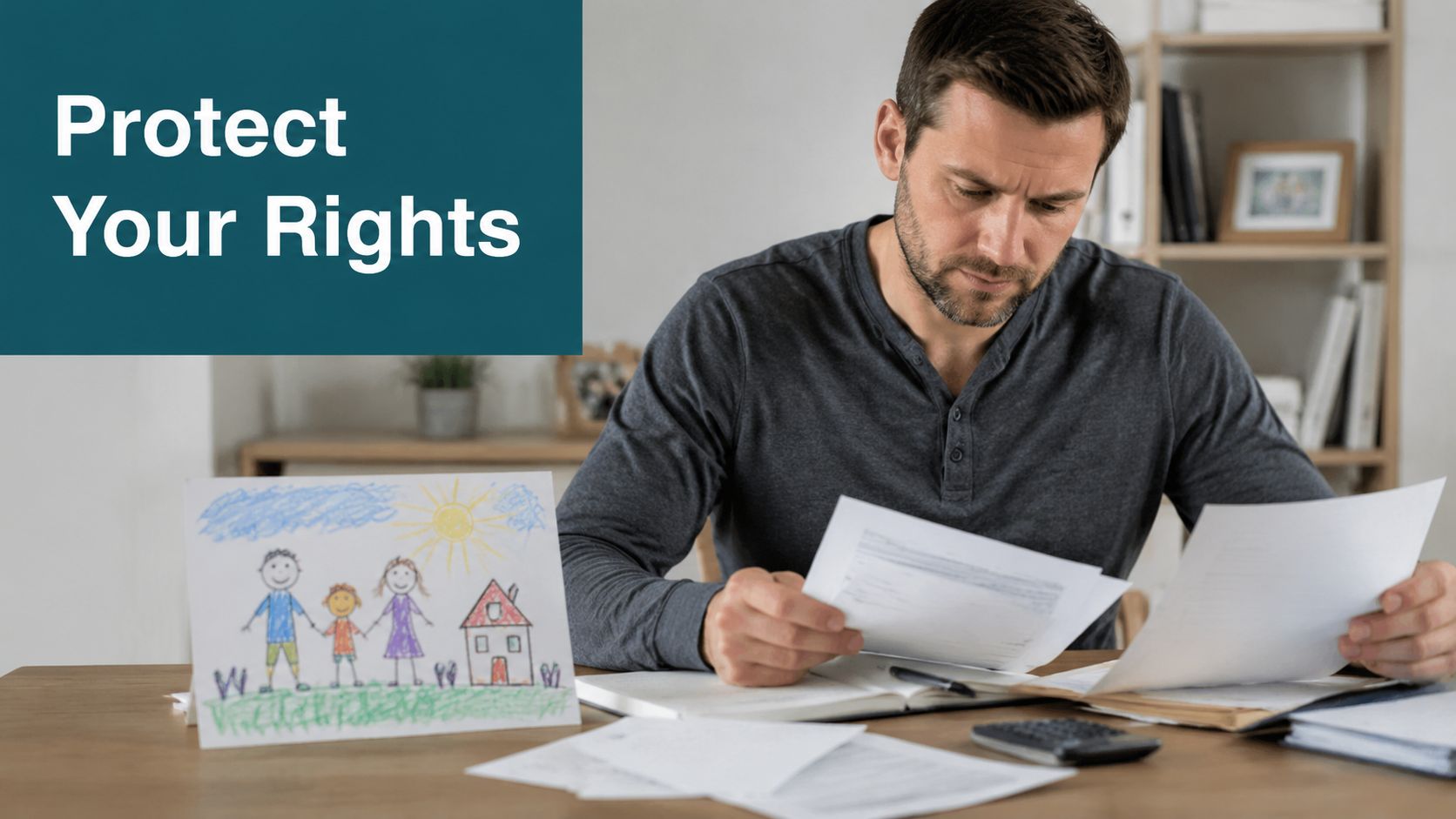 A concerned father sitting at a desk looking at documents near a child's drawing of a family.