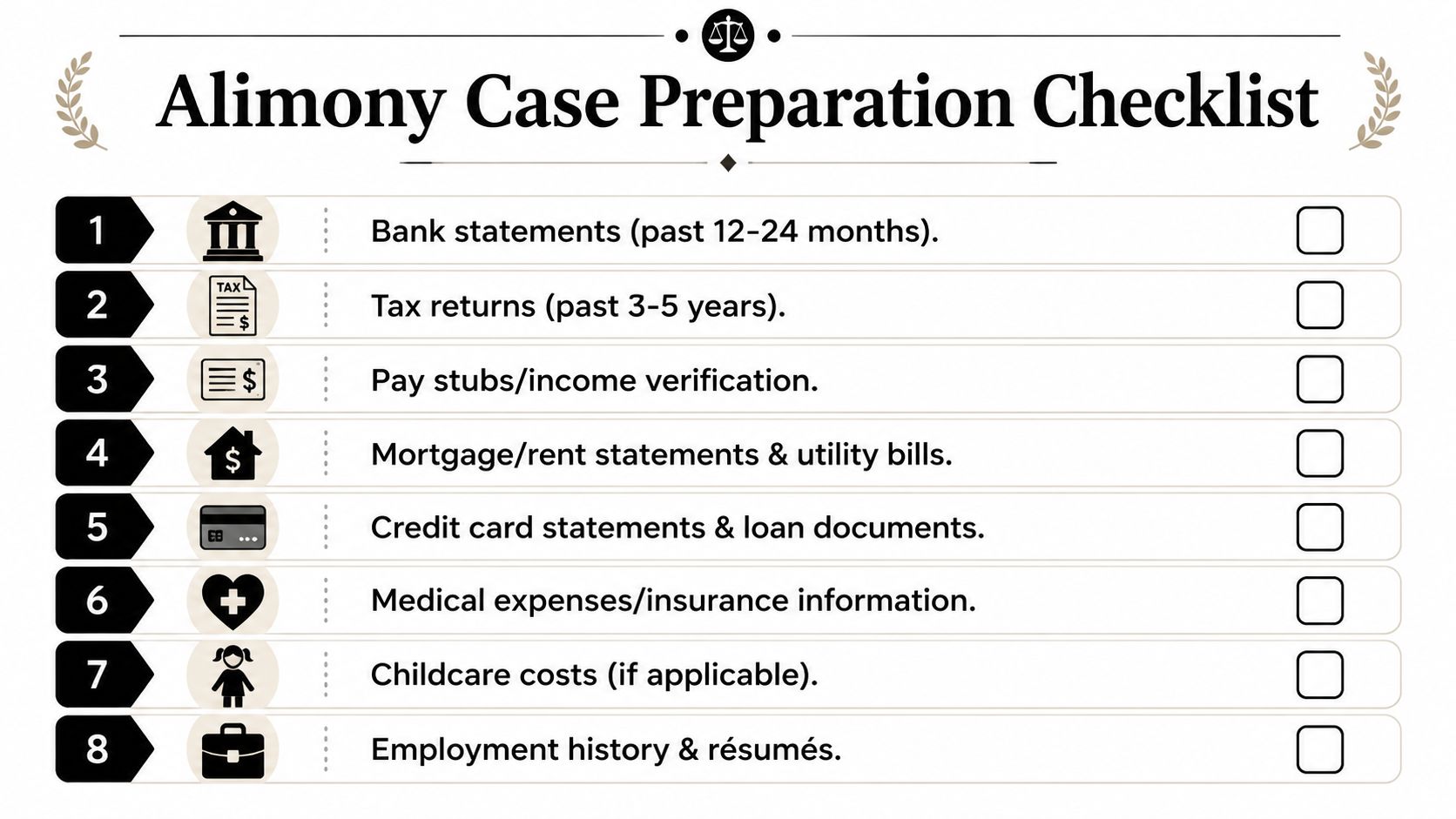 A checklist for preparing alimony cases including bank statements, tax returns, and financial documentation.