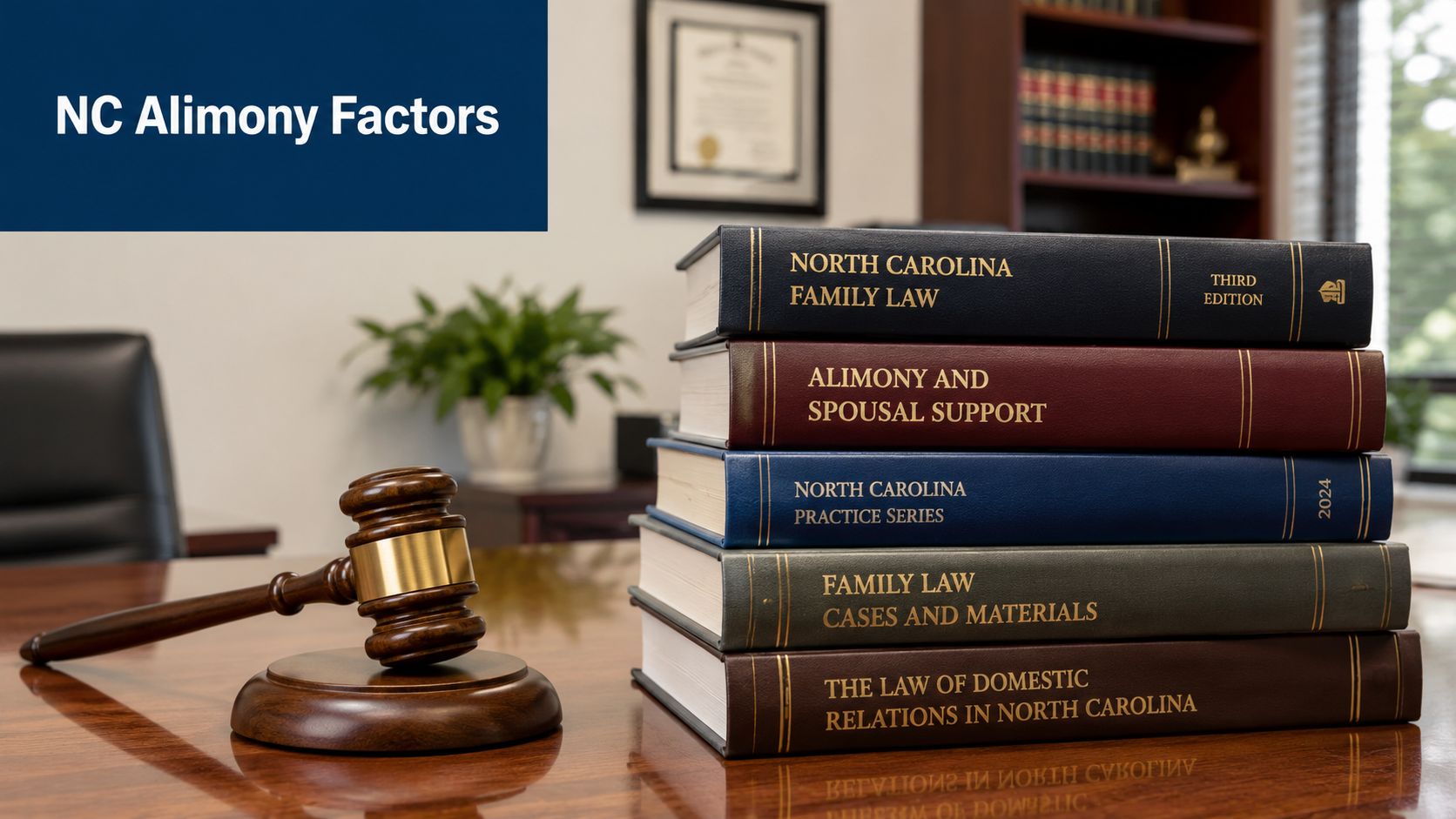 A gavel and a stack of law books titled with topics on North Carolina family law.