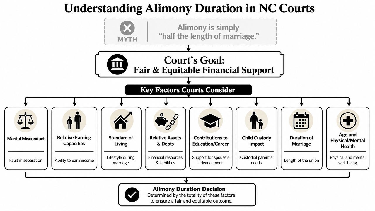 A flowchart outlining the key factors North Carolina courts consider when determining the duration of alimony payments.
