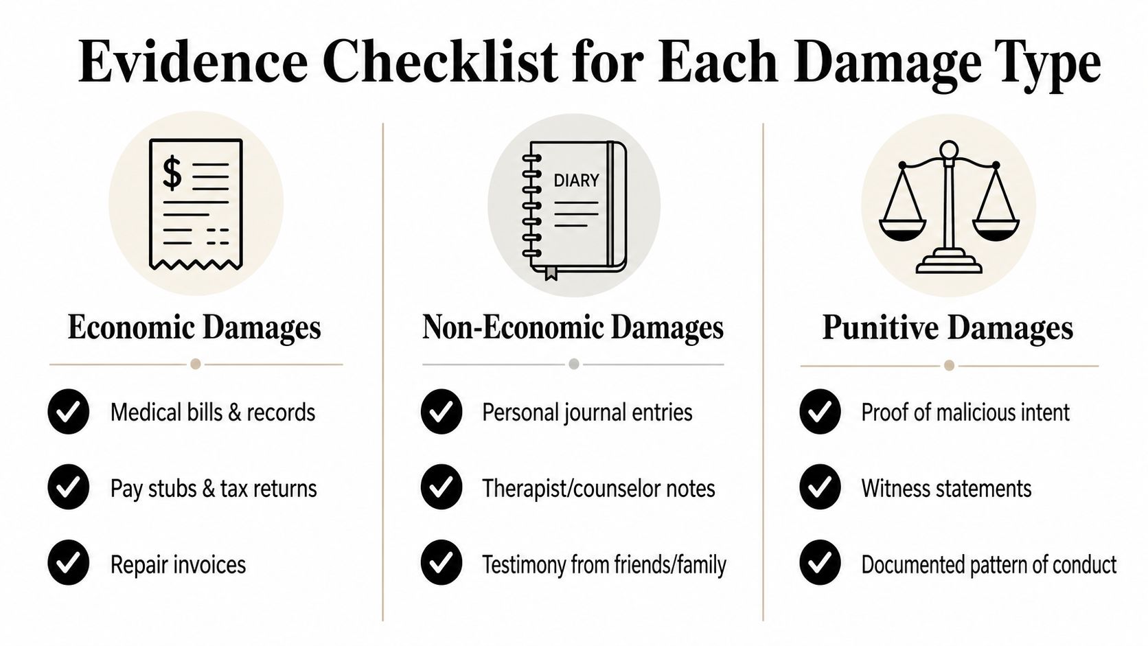 An evidence checklist for economic, non-economic, and punitive damages in legal cases, organized by category.