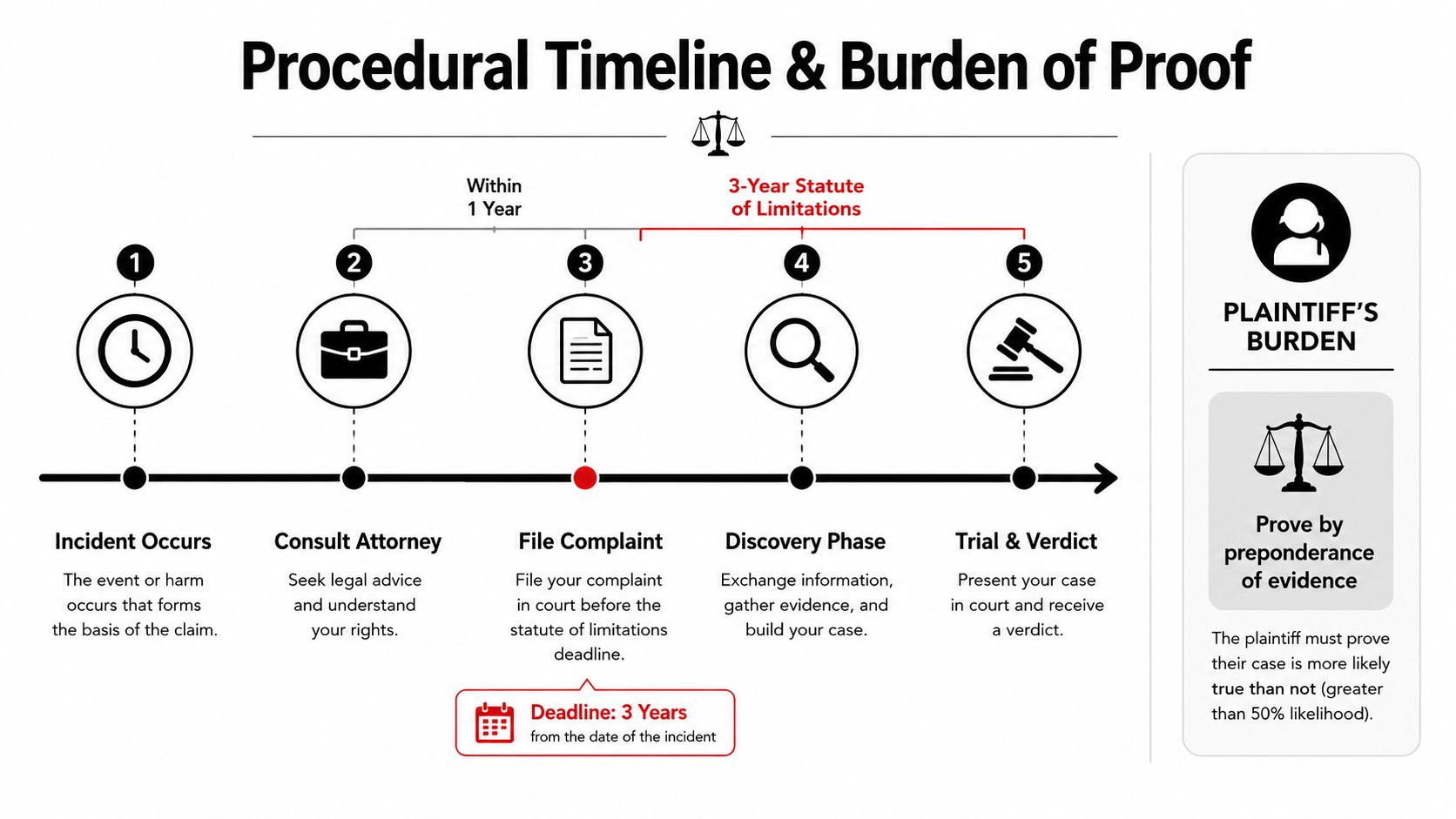 A procedural timeline infographic illustrating legal steps in a lawsuit and the plaintiff's burden of proof.