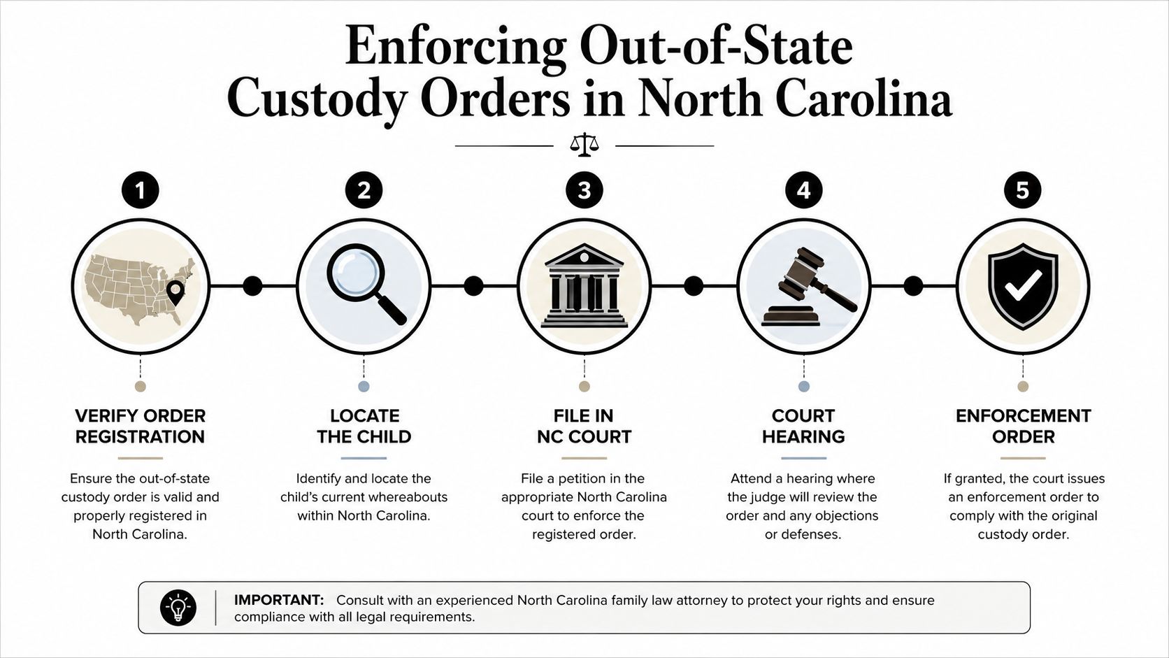 A five-step infographic explaining how to legally enforce out-of-state child custody orders in North Carolina.