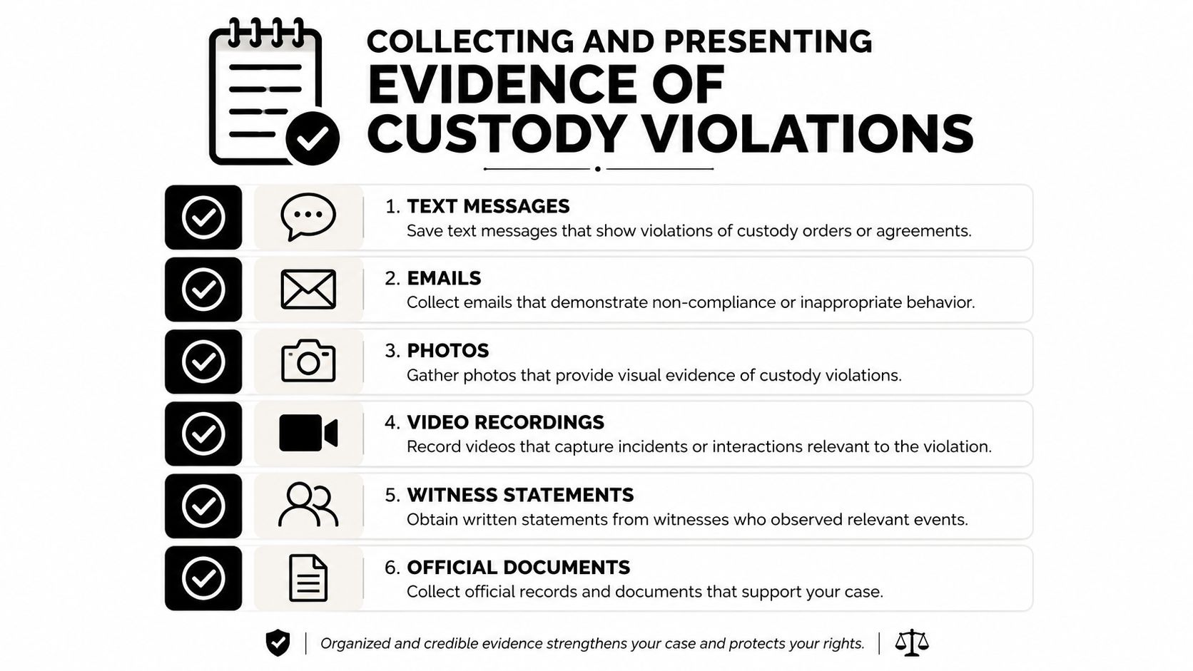 An infographic list outlining six essential types of evidence to collect for proving child custody order violations.