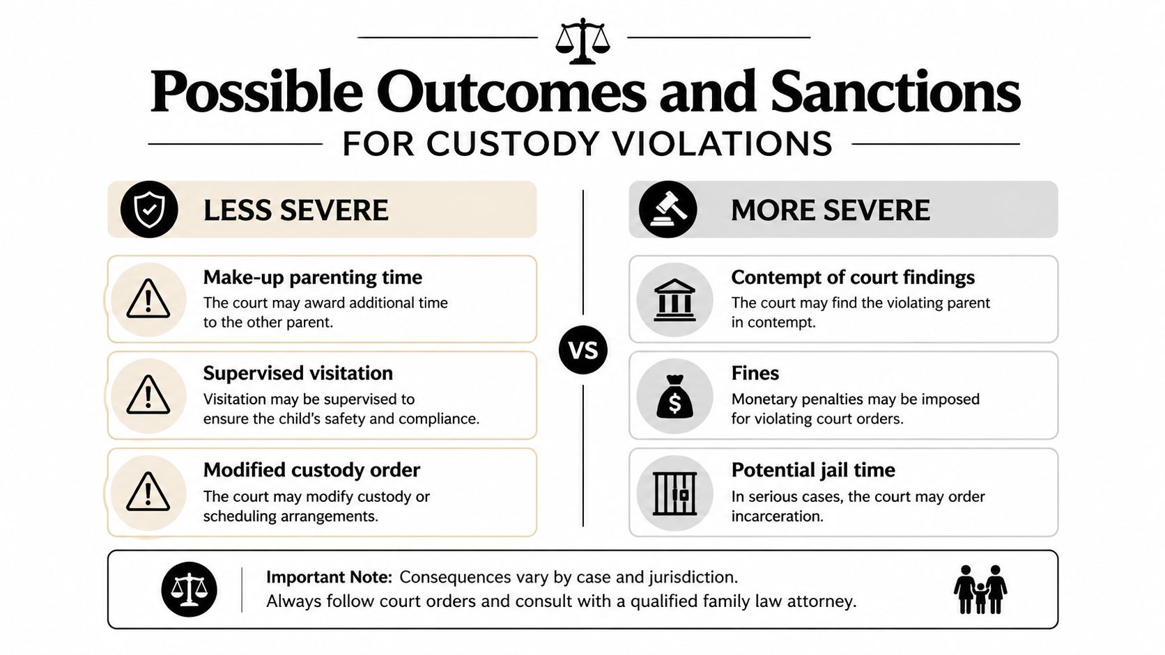 A chart illustrating potential legal consequences and sanctions for parents violating court-ordered child custody arrangements.