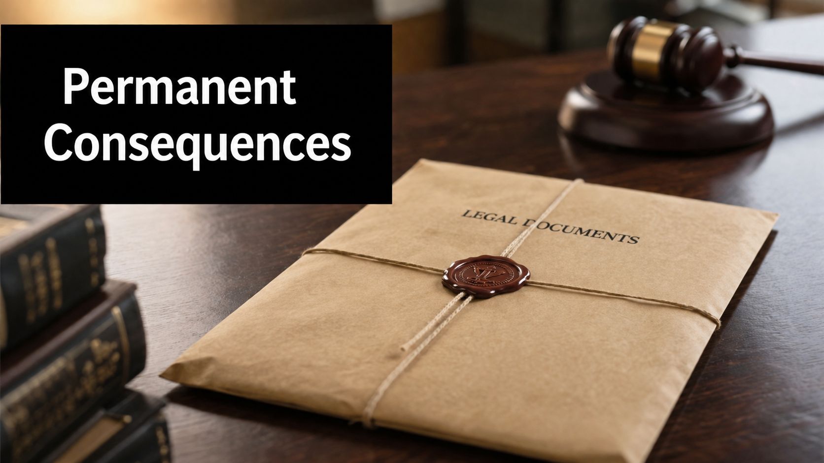 A gavel and a sealed envelope labeled Legal Documents resting on a wooden desk, symbolizing legal consequences.