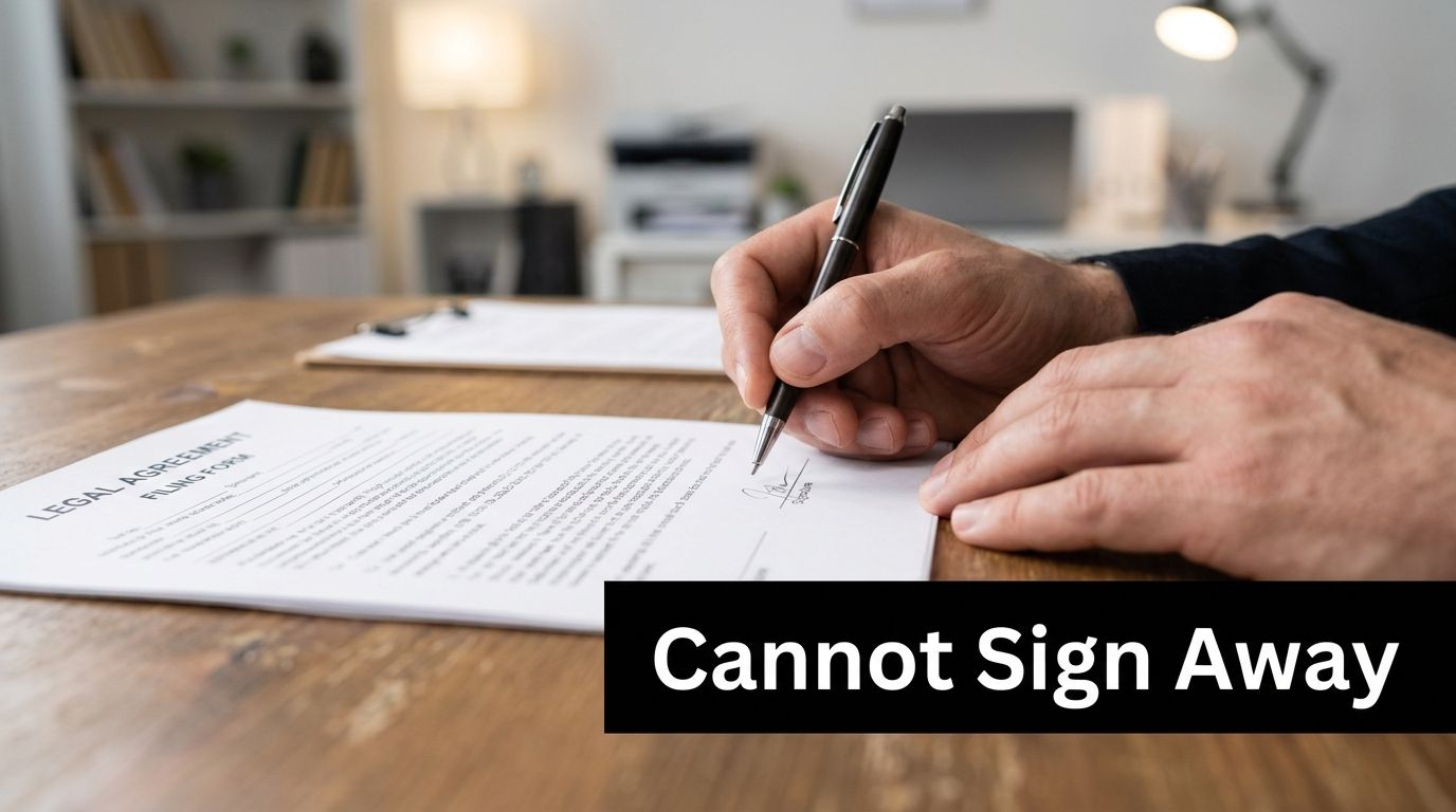 A professional hand signing a legal document on a wooden desk with a pen.