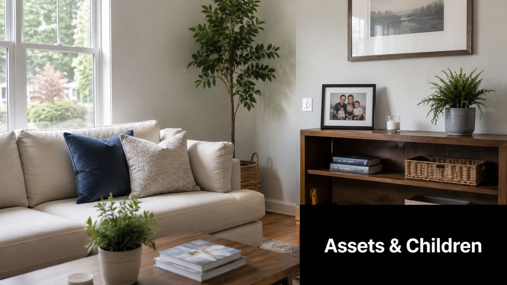A cozy living room setting featuring a beige sofa, wooden console table, decorative indoor plants, and family photos.