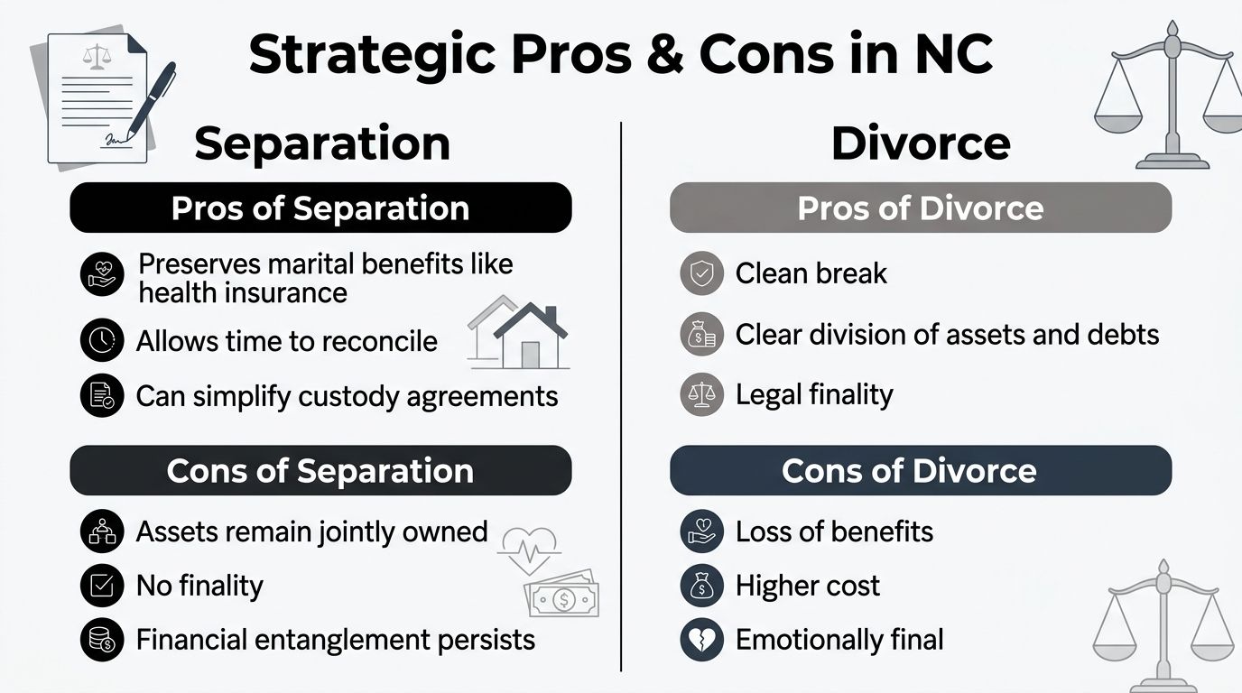 A comparison chart outlining the strategic pros and cons of legal separation versus divorce in North Carolina.