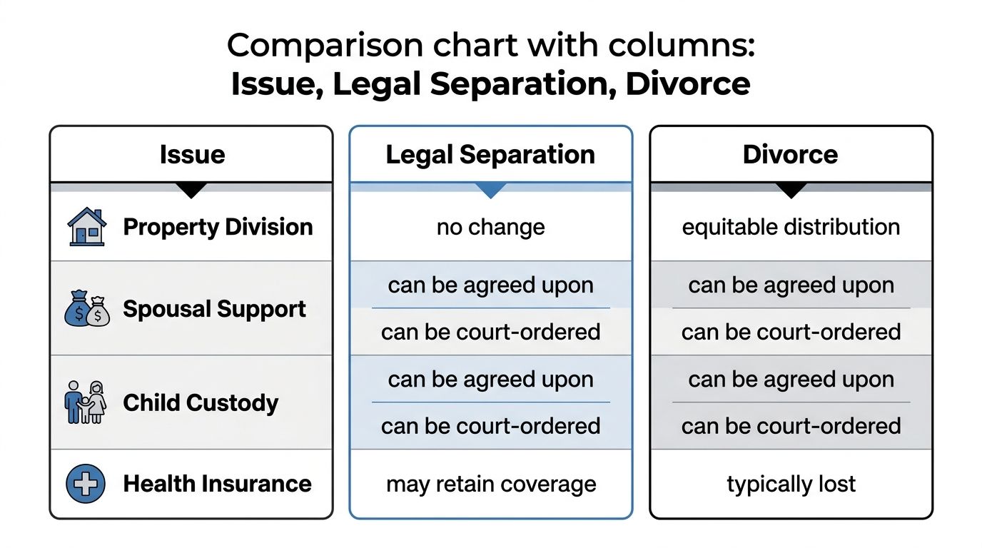 A comparison chart outlining differences between legal separation and divorce regarding property, support, custody, and insurance.