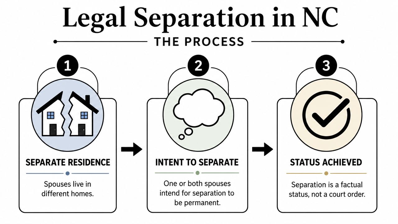 An infographic detailing the three-step process for achieving legal separation in North Carolina, including residence and intent.