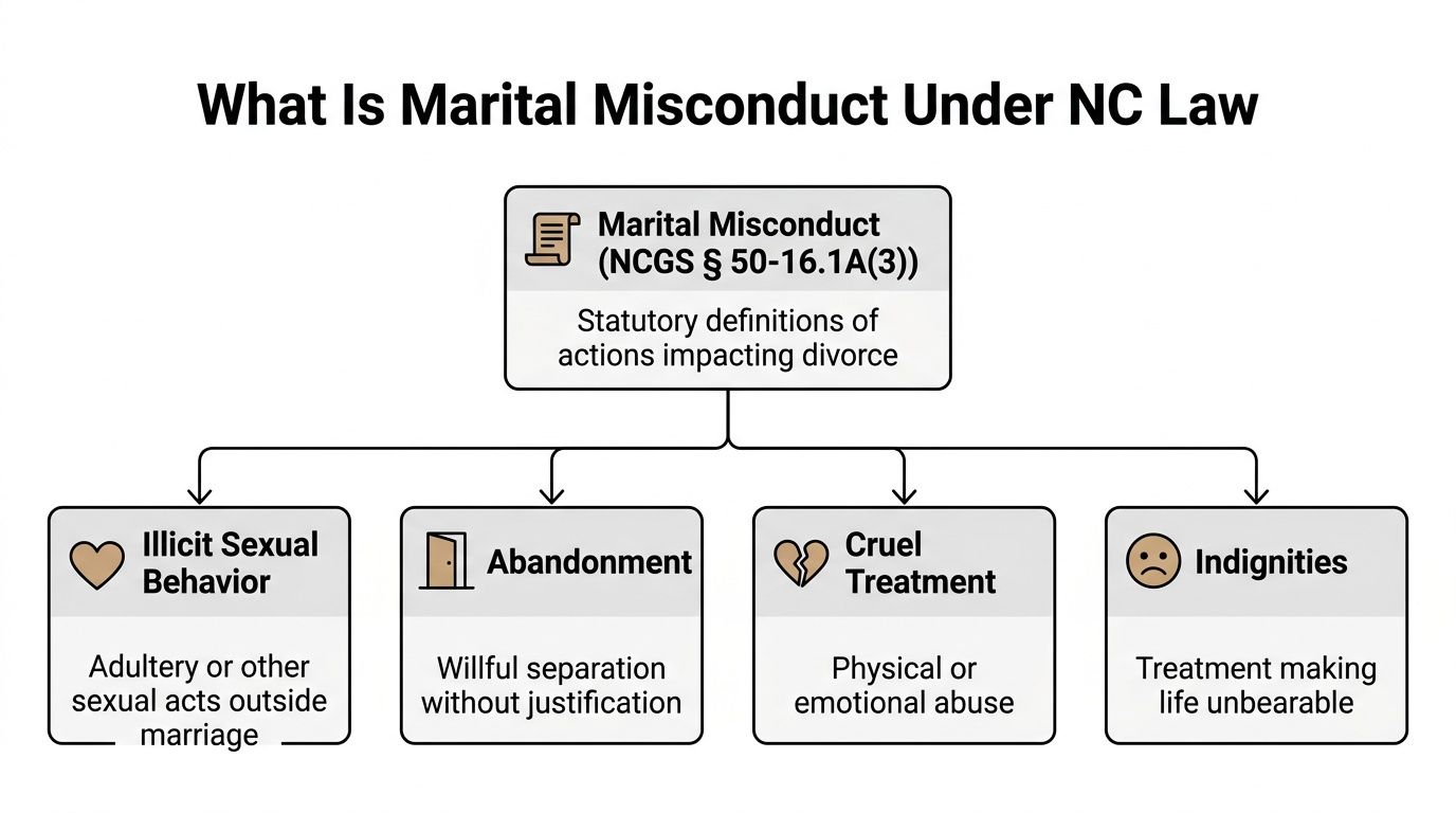 A diagram outlining the legal definition of marital misconduct under North Carolina law, including four specific categories.