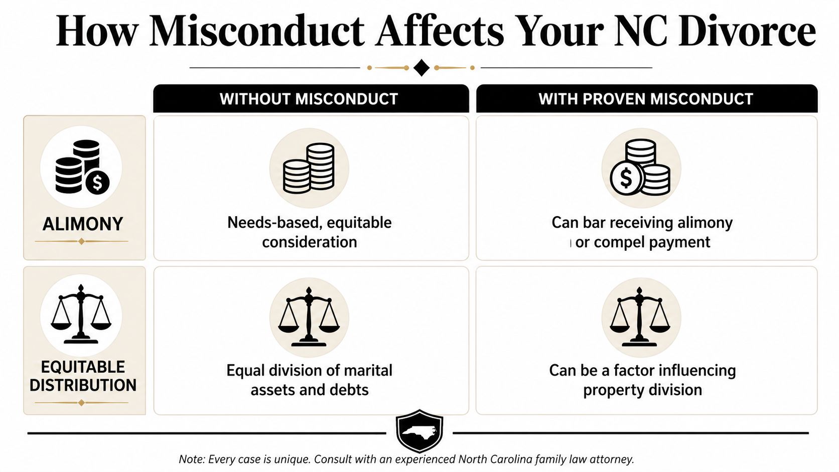 A chart comparing how proven marital misconduct affects alimony and equitable property distribution in North Carolina divorces.