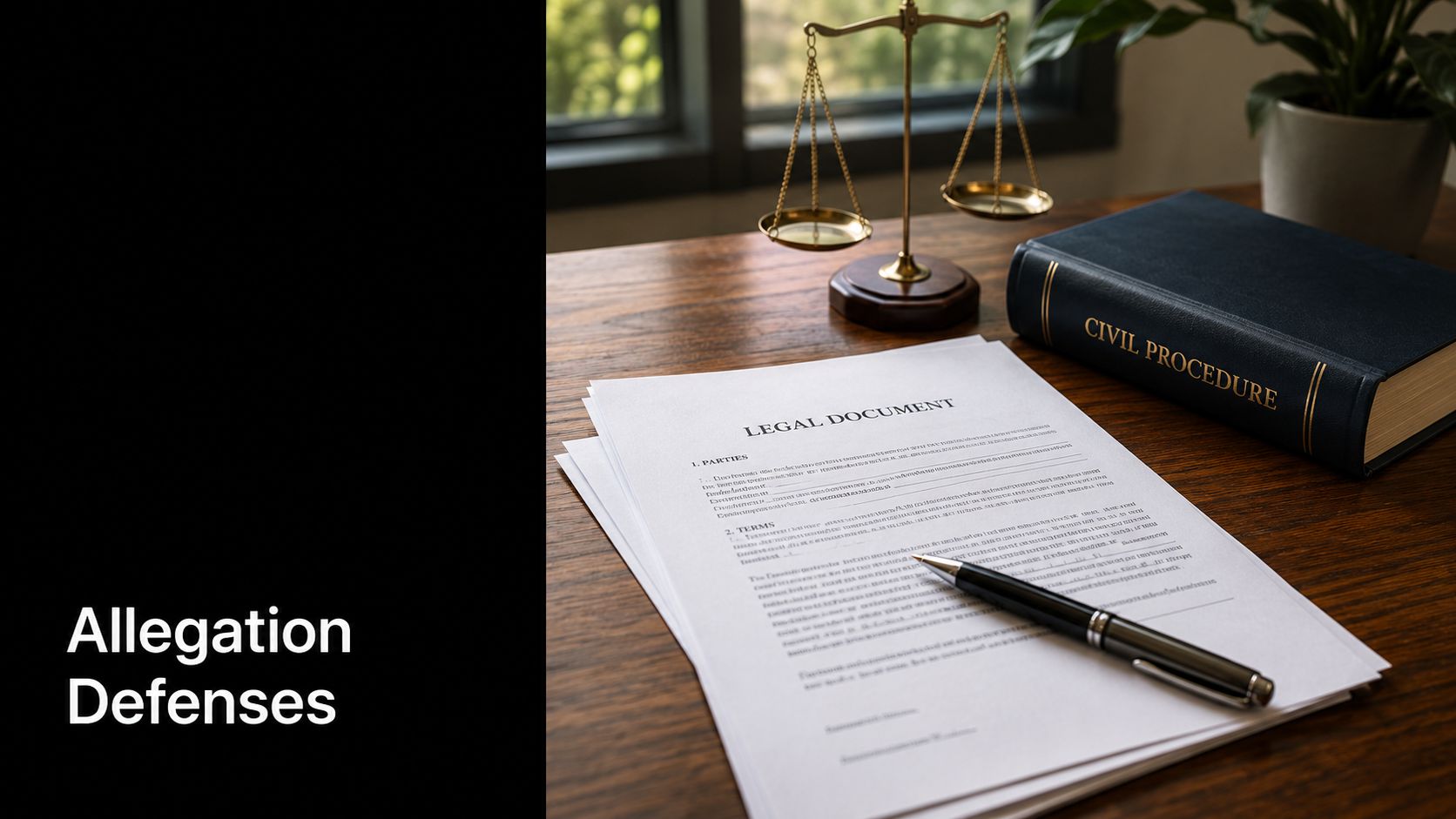 A legal document with a pen and a scale of justice on a wooden desk.