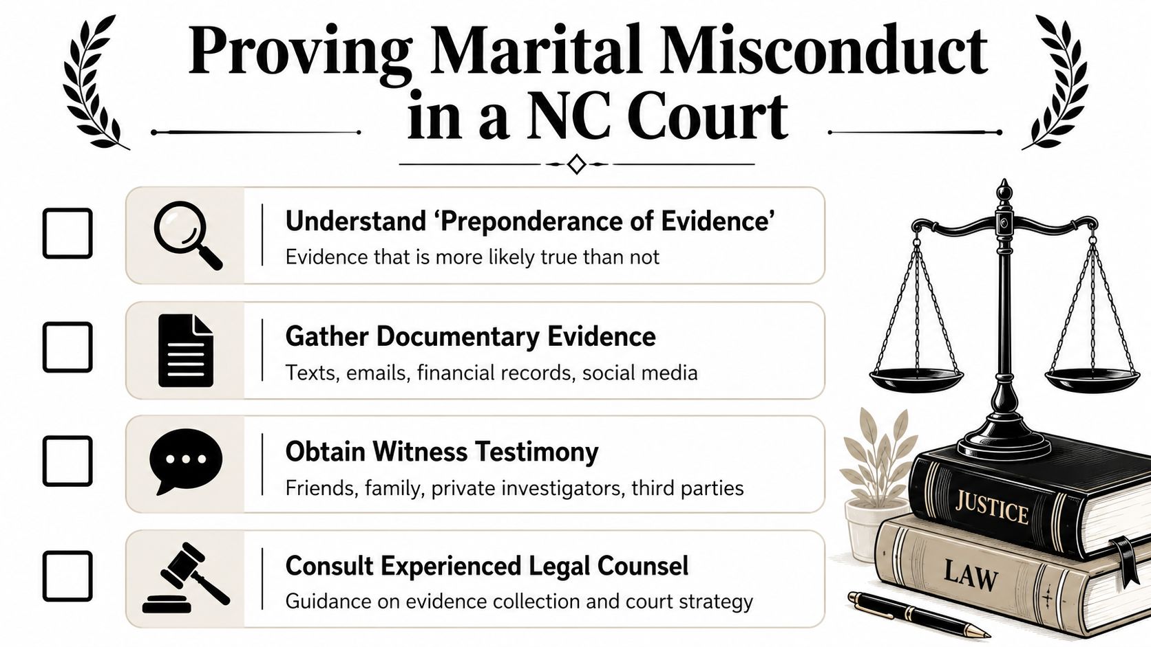 A professional infographic outlining steps for proving marital misconduct in a North Carolina court of law.