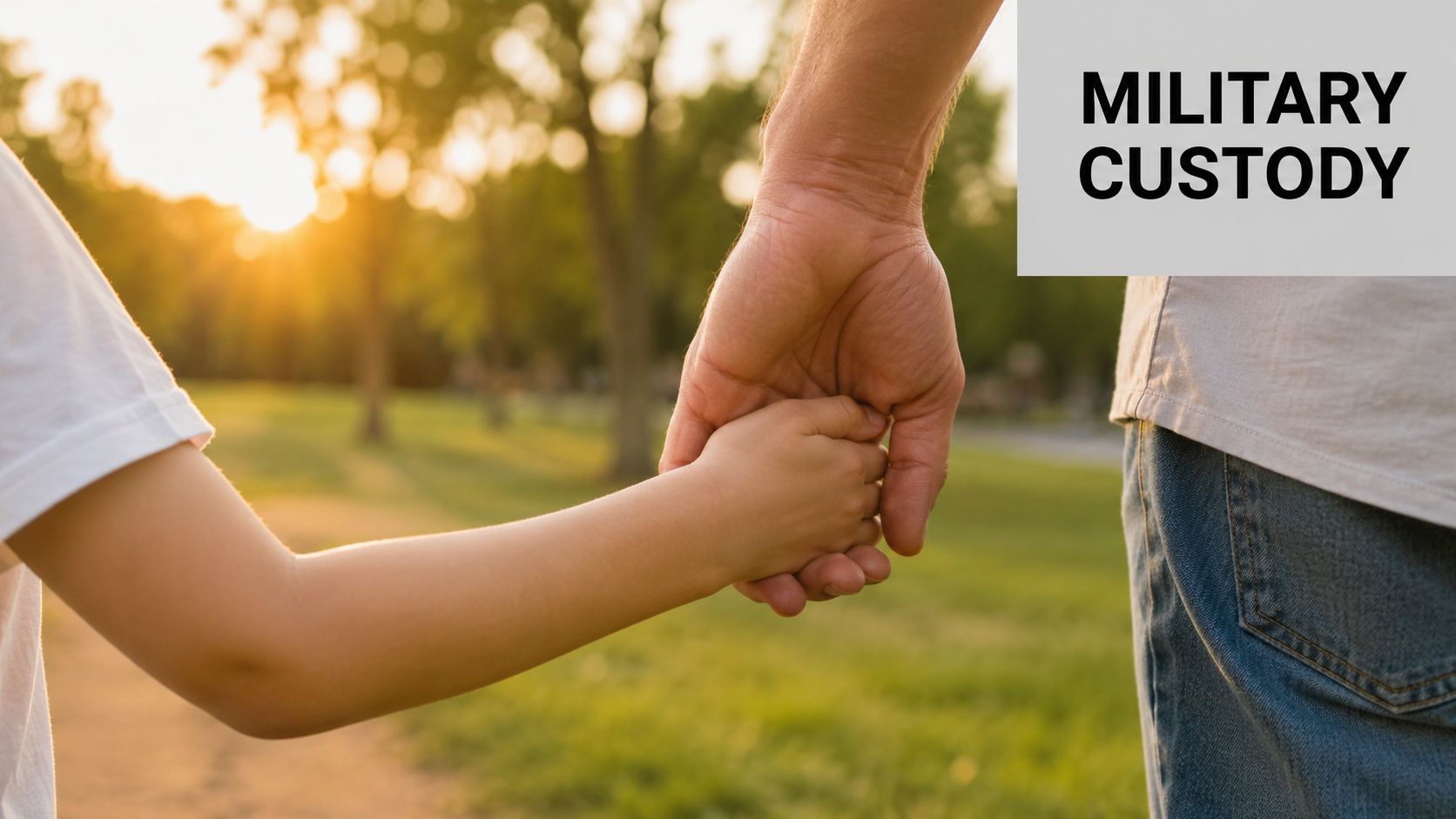 A close-up view of an adult holding a child's hand while walking in a park.