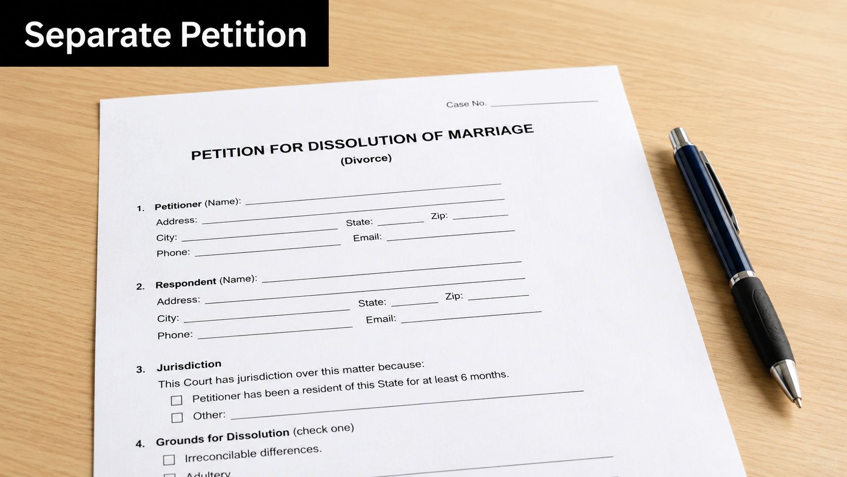 A blank paper document titled Petition for Dissolution of Marriage lies on a wooden surface with a pen.