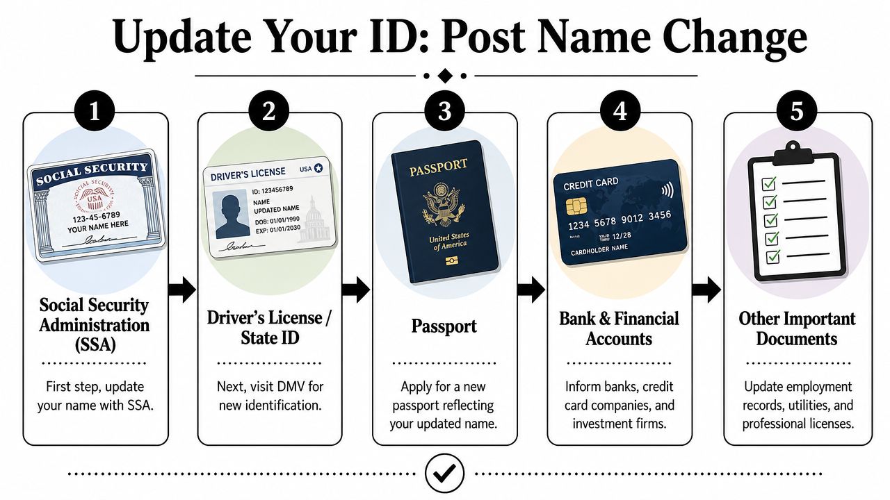A step-by-step infographic showing the five processes required to update your identification after a name change.