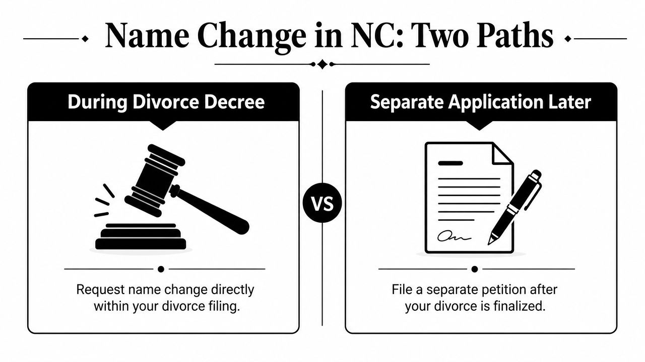A visual guide showing two legal paths for obtaining a name change after divorce in North Carolina.