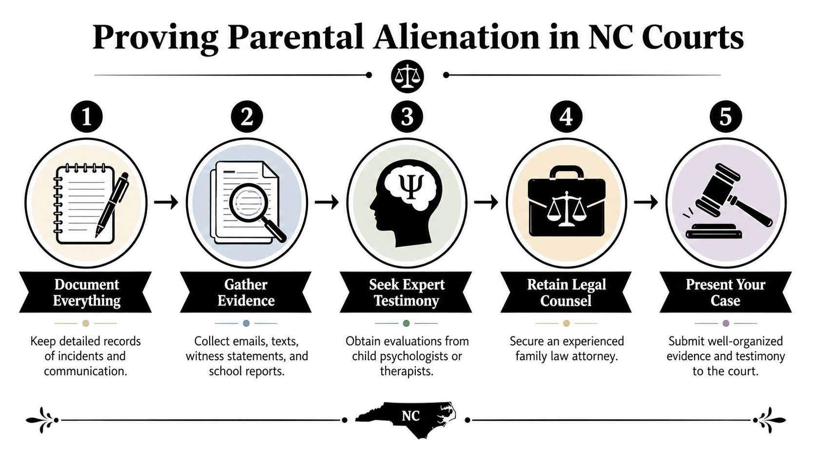 A five-step infographic outlining the legal process for proving parental alienation in North Carolina courts.