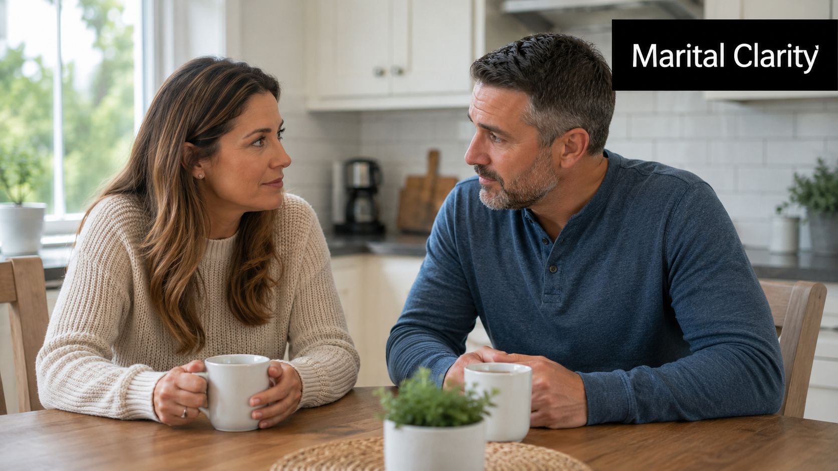A middle-aged couple having a serious conversation while drinking coffee at a kitchen table.