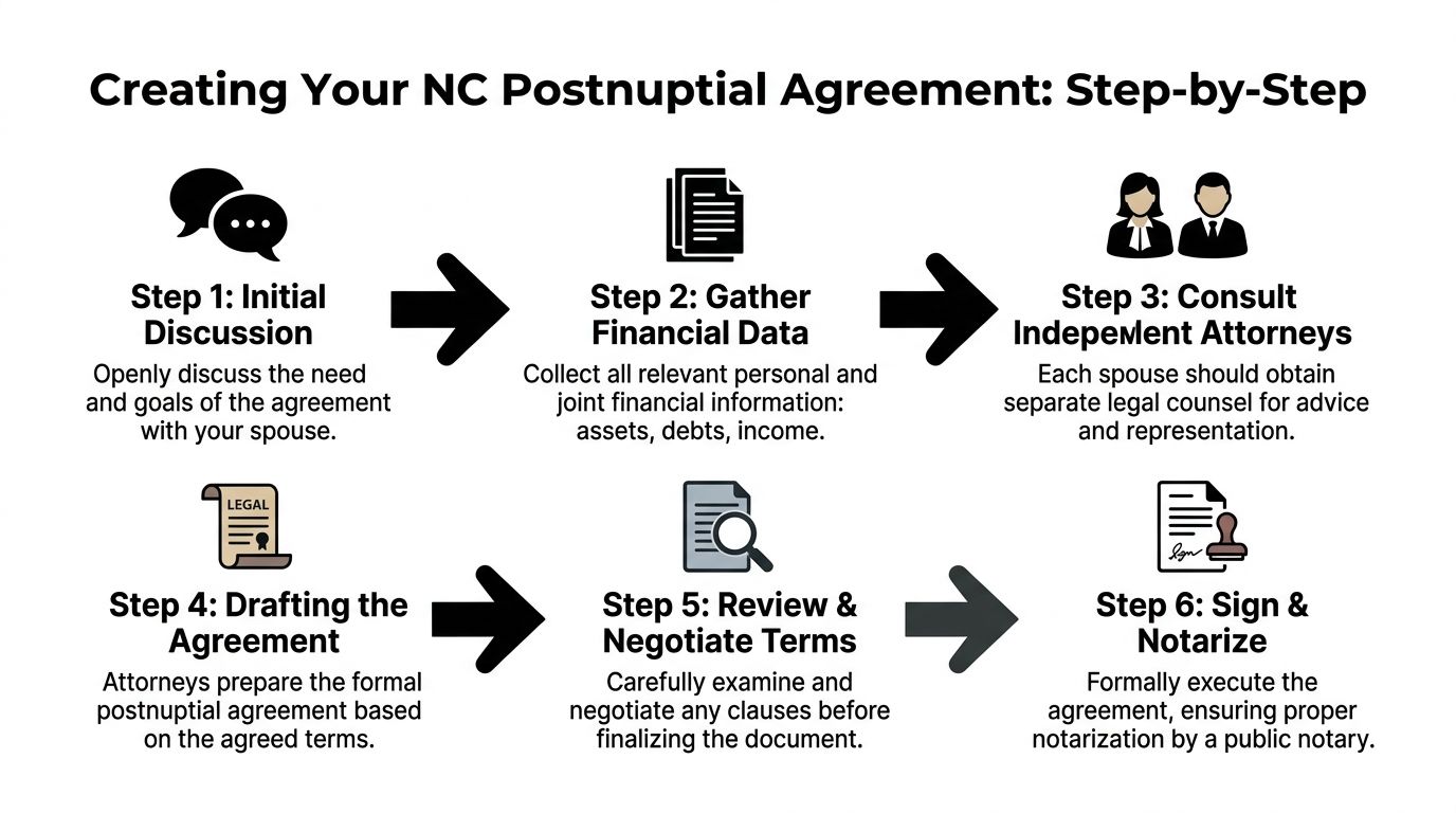 A six-step infographic detailing the process for creating a postnuptial agreement in North Carolina.