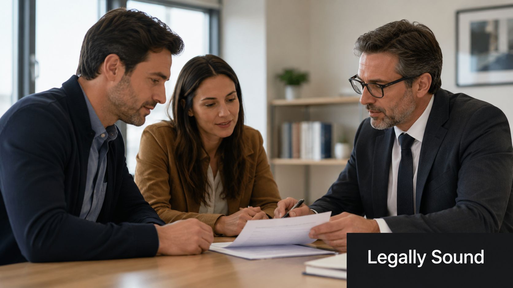 A professional lawyer consults with a young couple while reviewing a document at an office desk.
