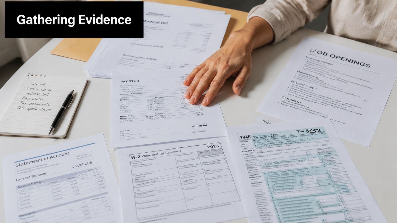 A person organizes financial documents like pay stubs and tax forms to support a legal case.