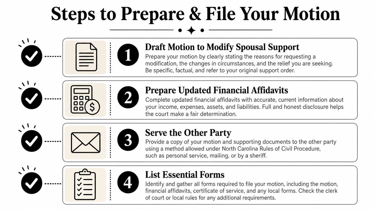 A step-by-step guide for preparing and filing a motion to modify spousal support in North Carolina.