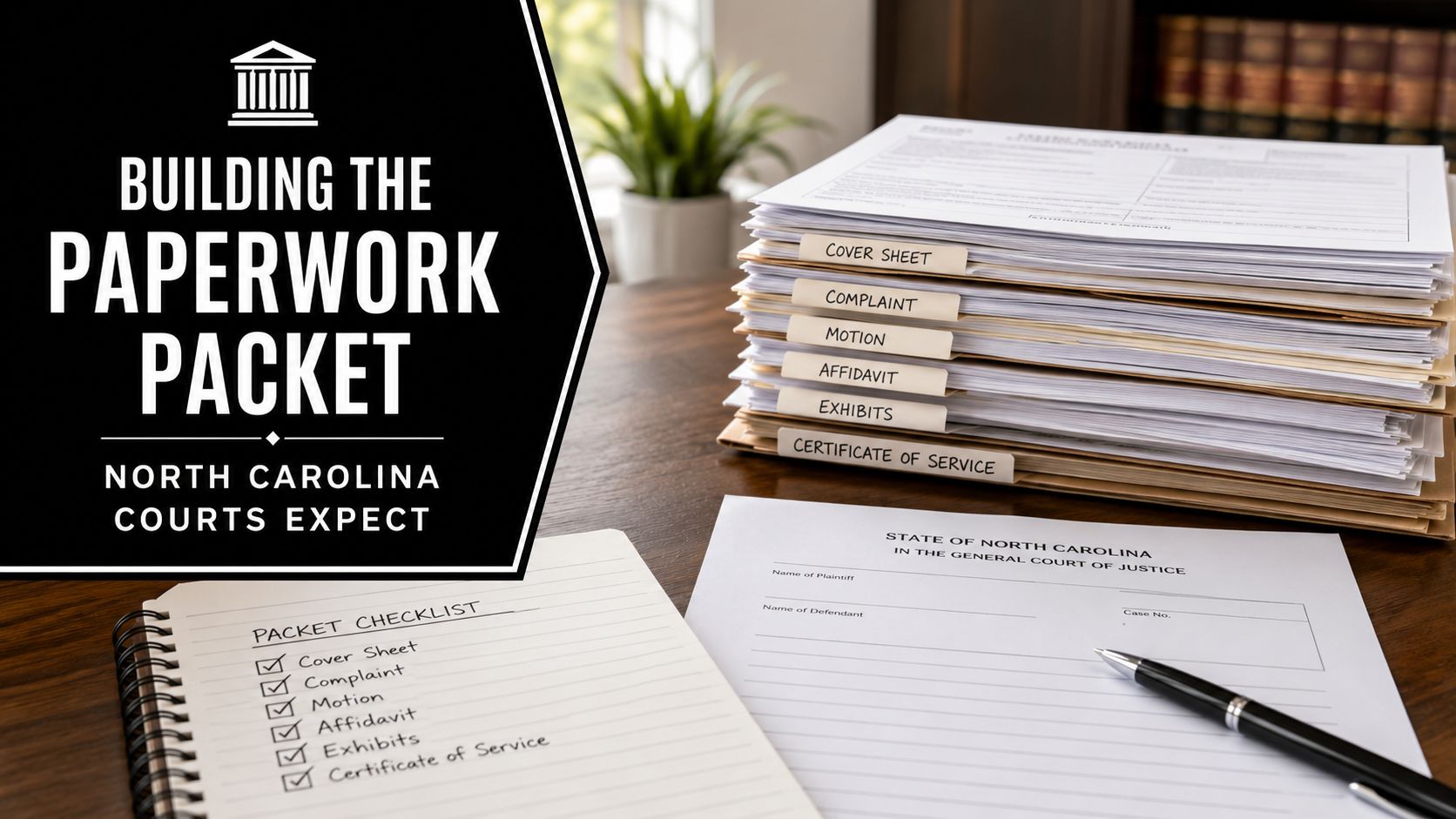 A checklist and court forms for preparing legal documentation for a North Carolina court case.