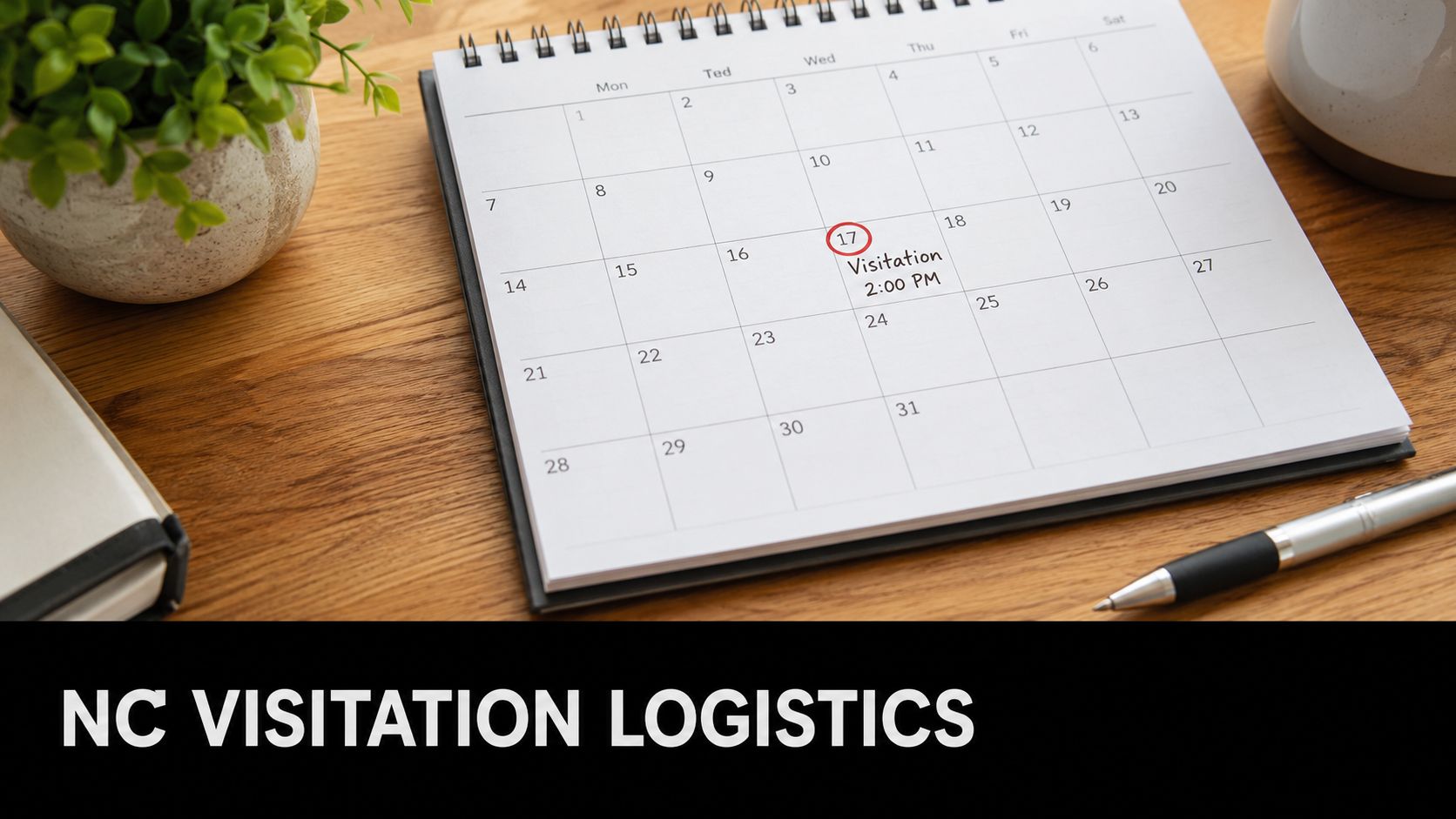 A calendar on a wooden table with the date circled and marked for a visitation appointment.